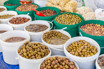 Green and black olives in the oriental market 