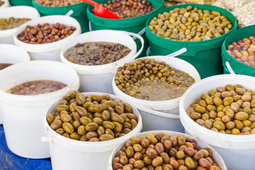 Green and black olives in the oriental market 