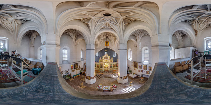 Full spherical seamless hdri panorama 360 angle degrees view inside interior of old defense orthodox church with icons near altar in equirectangular projection