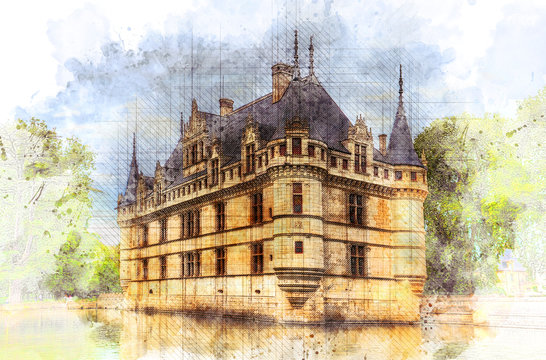 Chateau of Azay le Rideau, Loire Valley, France. Watercolor sketch style illustration.
