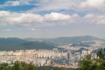 Skyscraper and city landscape of Busan City, South Korea from a high location