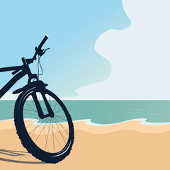 Dark silhouette of a bicycle on the background of the sea coast.