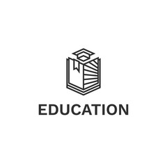 Institute or university logo with shield, academic cap and light from opened book. Online education, learning, study, knowledge icon. School, college, courses, academy logo.