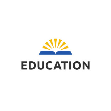 Online education, school, academy logo with light from opened book. Learning, study, knowledge icon. Institute, college, library, courses logo.