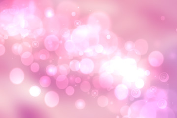 Abstract pink white light background texture with glowing circular bokeh lights and stars. Beautiful colorful spring or summer backdrop.