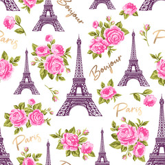 Bonjour Paris seamless pattern with Eiffel Tower, gold lettering and pink roses flowers. France symbol on white background - 349927126