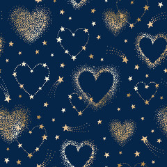 Seamless romantic space pattern with gold heart shape constellations, comets and stars on blue background
