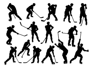 A set of detailed silhouette hockey players in lots of different poses