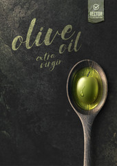 Vector realistic olive illustration, wooden spoon and oil on black stone background