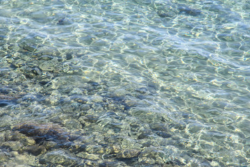 Crystal clear water plays with sunny bunnies on the rocky bottom of a shallow sea. Background.