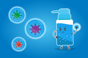 Cute cartoon of happy confidence hand sanitizer gel is unleashing the power to the coronavirus. Concept of anti-virus, anti-bacteria.