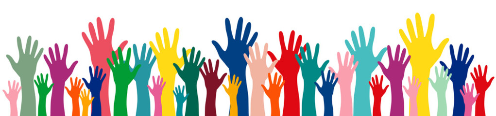 Colorful hands up banner vector illustration. Multinational international concept of team, volunteer, group, friendship, unity, group, association, company, partnership, celebration, party background