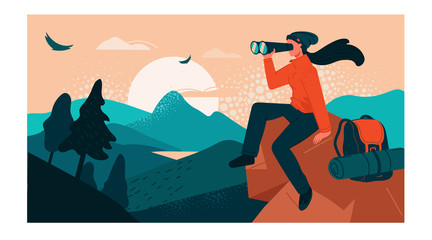 The girl traveler sitting on top of a cliff, looking at the valley in a binoculars from a height. Nature trips, discovery, hiking, adventure tourism and travel. Creative flat vector illustration.