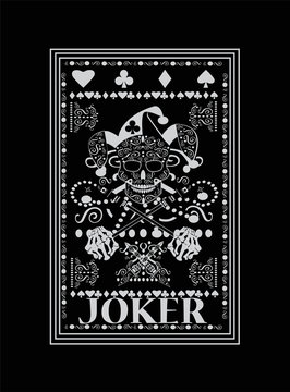 Joker playing card . Ornament skull black and white. 