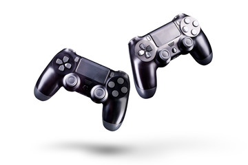 Set of black video game joysticks gamepad isolated on a white background