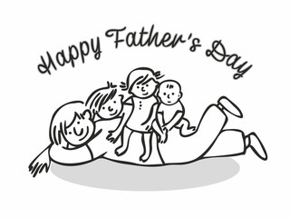 Happy Father day. Portrait of a happy family. A father, two sons and a daughter together. Children play with their father, sitting on his back. Outline cartoon style. Vector