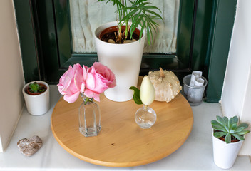 Indoor decoration on a window sill: magnolia flower bud and pink roses in glass vases next to a dried pumpkin and a heart-shaped stone