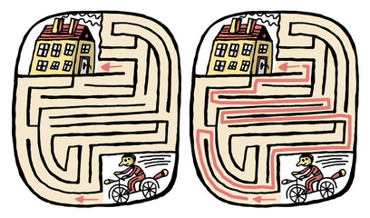 house, boy, bicycle - maze labyrinth puzzle