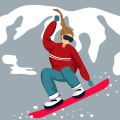 Obraz premium Girl snowboarding in the mountains. Winter sports illustration. Extreme holidays activities vector card. Trendy flat style