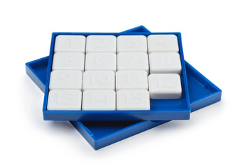 Pocket sliding fifteen puzzle game isolated on white.