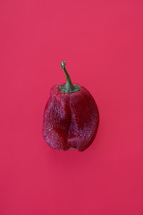 Ugly vegetables, deformed red bell peppers on a trending red background