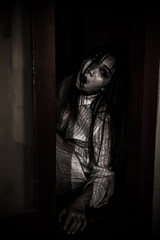 Portrait of asian woman make up ghost face with blood,Horror scene,Scary background,Halloween...