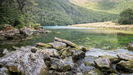 Crystal clear lake with amazing colors, panoramic shot made at Nelson Lakes National Park, New Zealand