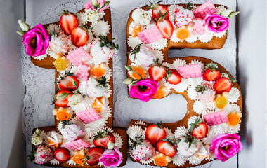 Birthday-anniversary cake number 15. fruit cake in the form of numbers