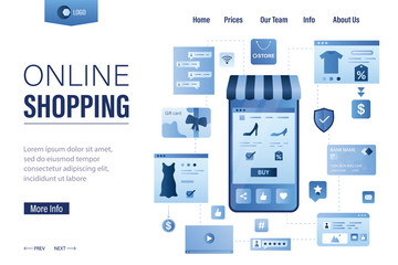Online shopping landing page template. Smartphone app, pages with products selection, ordering and payment for purchases