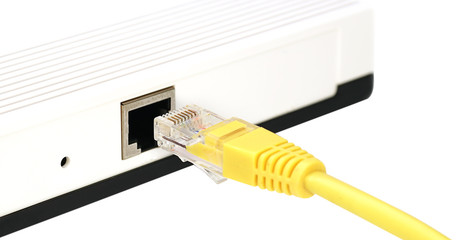 Macro shot of network connection plug RJ-45,LAN network connection ethernet cable .