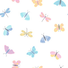 Butterfly hand drawn seamless pattern. Colorful texture for nursery fabrics design, Girly background.