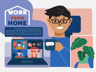 Work from home concept. Young people, mаn and womаn freelancers making conference meeting and working on laptops or computers at home and   Cartoon vector in flat style.