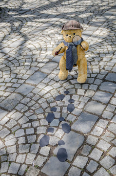 Sherlock Holmes Teddy Bear Searching For Clues On Cobbled Stoned Street