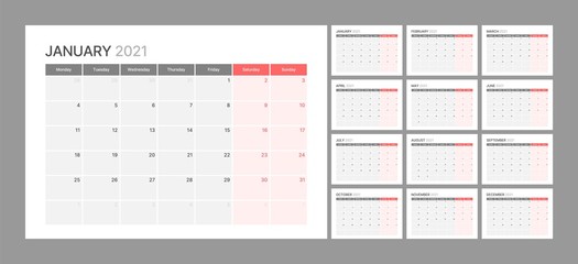 Wall calendar template for 2021 year. Planner diary in a minimalist style. Week Starts on Monday. Set of 12 Months. Ready for print.