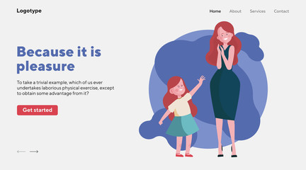 Mother spending time with little daughter. Woman and girl laughing together flat illustration. Motherhood, bonding, communication concept for banner, website design or landing web page