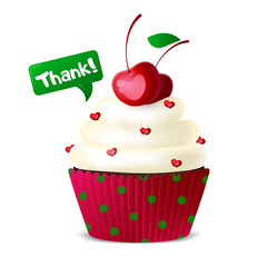 Sweet cupcake with white icing and cherry berries on a white background. decoration with hearts. Vector illustration