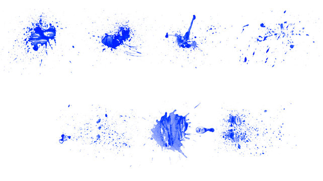 Blue paint vector splash, stain and blot brushes for painting