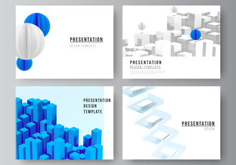 Vector layout of presentation slides design templates, template for presentation brochure, brochure cover, business report. 3d render vector composition with dynamic geometric blue shapes in motion.