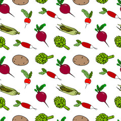 Vector seamless pattern with vegetables. Radishes, potatoes, corn, beets, artichoke hand-drawn, doodle style, isolated on white background. Healthy nutrition, natur products.