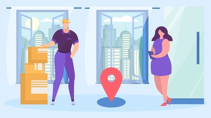 service fast delivery, box package. shipment goods to house by courier, onlain shop business, cartoon style vector illustration. Man in cap brought boxes to apartment young woman, express traffic