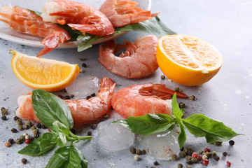Seafood. Argentine prawns shrimps with lemon, basil, ice and spices  on a light grey background. Background image, copy space