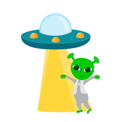 Happy alien in space suit in a ray from a flying saucer. Cartoon funny character in childish style isolated on white background. World UFO Day.