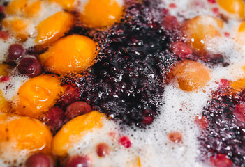 Fresh fruits: apricots, cherries, raspberries, apples are boiled in boiling water in a metal pan on a stove with bubbles and foam close-up. Cooking delicious homemade compote. Photography, concept.
