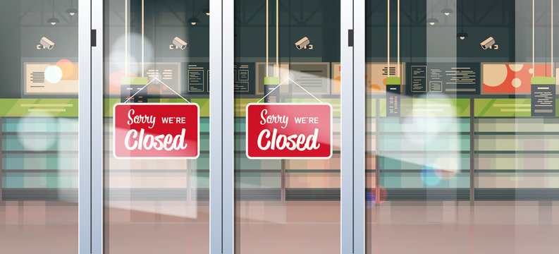 closed sign hanging outside grocery store with empty shelves coronavirus pandemic quarantine bankruptcy commerce crisis concept horizontal vector illustration