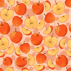 Seamless pattern of apples whole halved and sliced pieces flat vector illustration on beige background