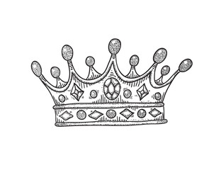 Vector drawing of a crown with stones. Black and white illustration.