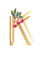 Letter K with gradient style beige color covered with green leaves and red berries eco font flat vector illustration isolated on white background