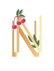 Letter N with gradient style beige color covered with green leaves and red berries eco font flat vector illustration isolated on white background