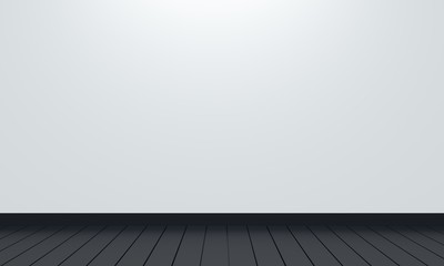 Empty white room with overhead lighting and black wooden floor. Backdrop design for product promotion. 3d rendering