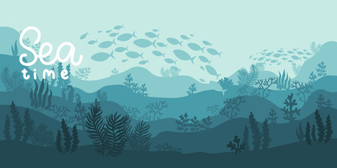 background underwater world, sea ocean, fish animals, algae and coral reefs, vector illustration hand drawing - 349945954